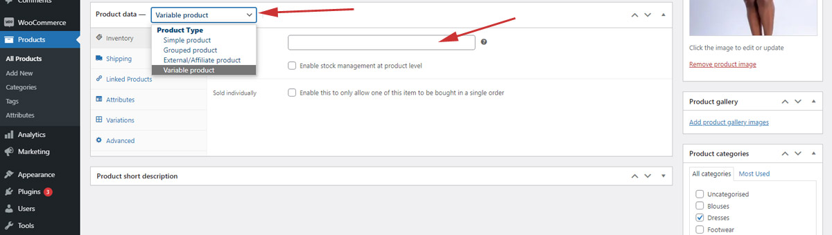 Adding a Variable product in WooCommerce Product data panel SKU