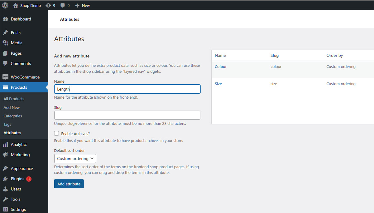 Creating product attributes in woocommerce